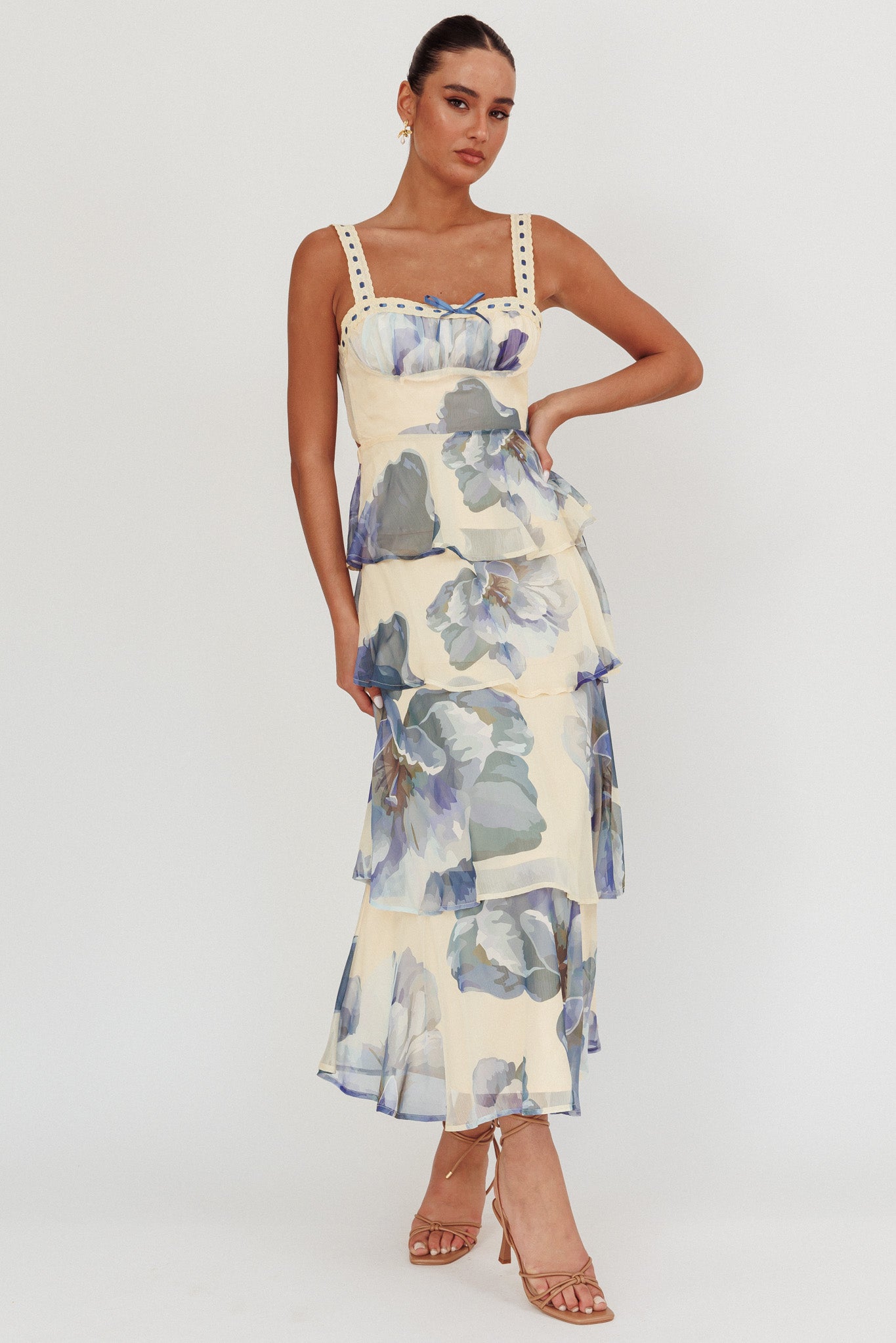 Provence Bloom Tiered Ruffle Maxi Dress Beige/Blue by Selfie Leslie Australia