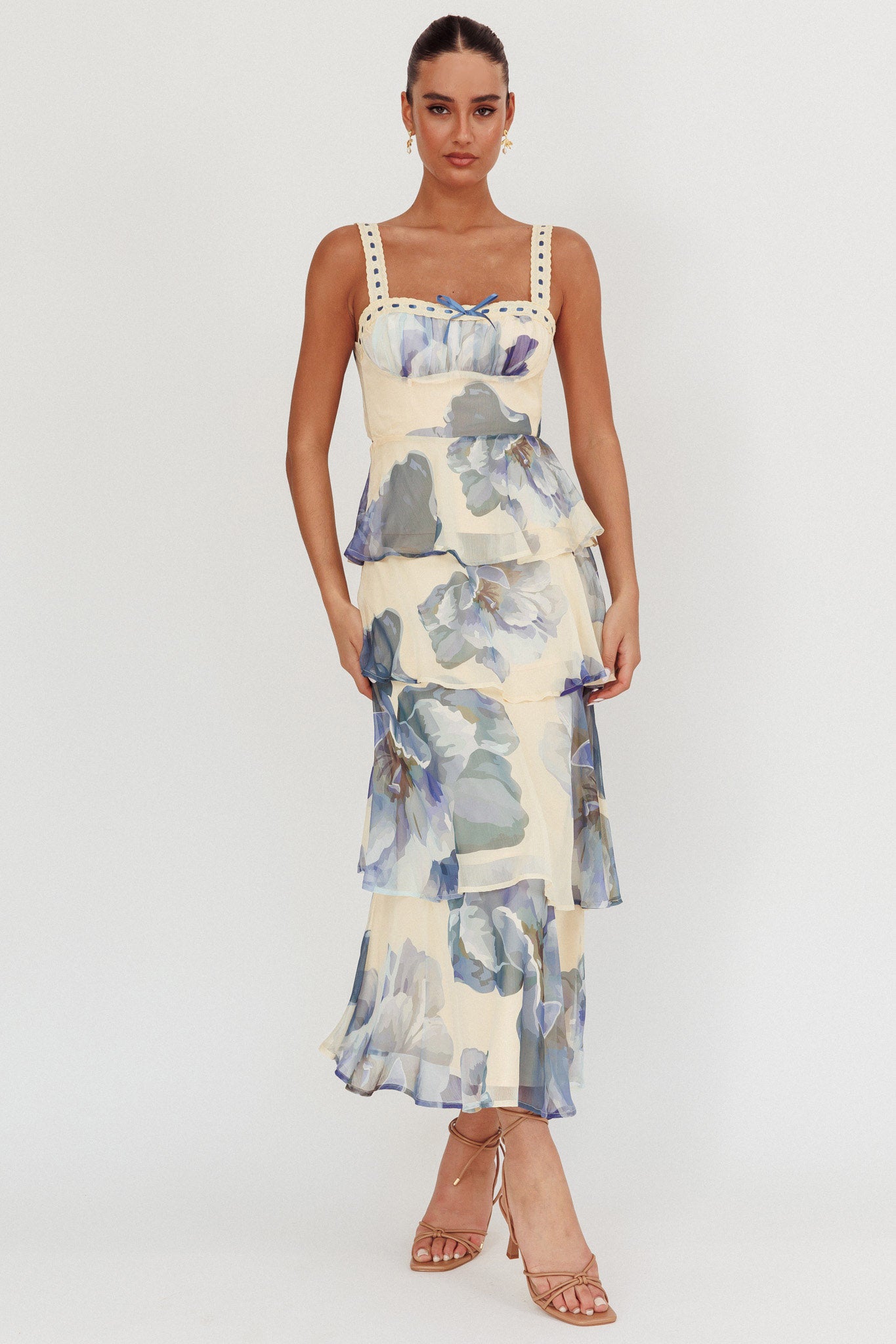 Provence Bloom Tiered Ruffle Maxi Dress Beige/Blue by Selfie Leslie Australia