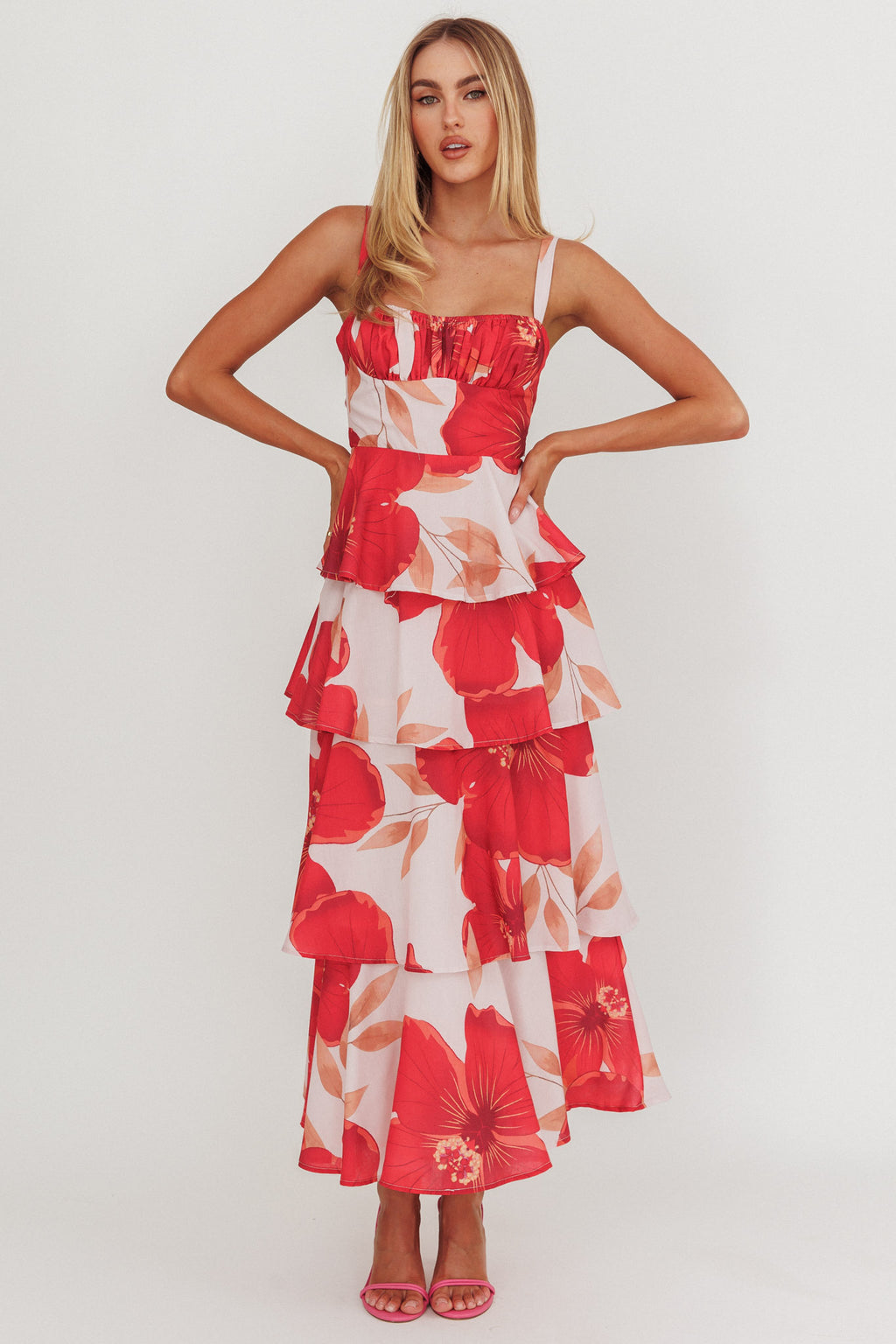 Provence Bloom Tiered Ruffle Floral Maxi Dress Blush by Selfie Leslie Australia