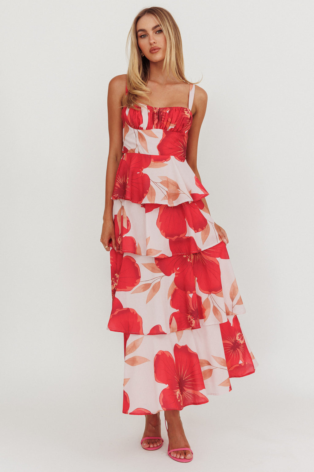 Provence Bloom Tiered Ruffle Floral Maxi Dress Blush by Selfie Leslie Australia