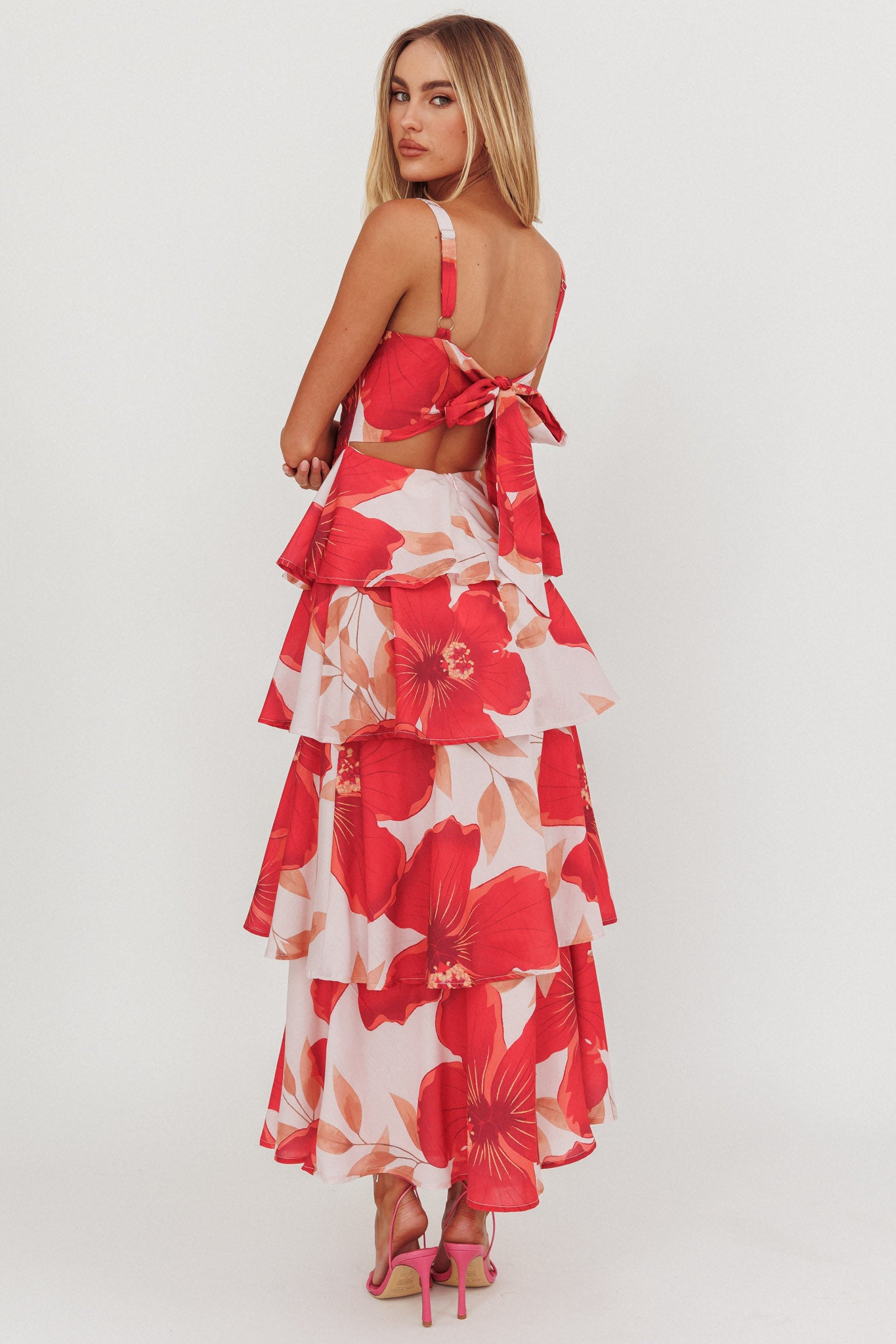 Provence Bloom Tiered Ruffle Floral Maxi Dress Blush by Selfie Leslie Australia