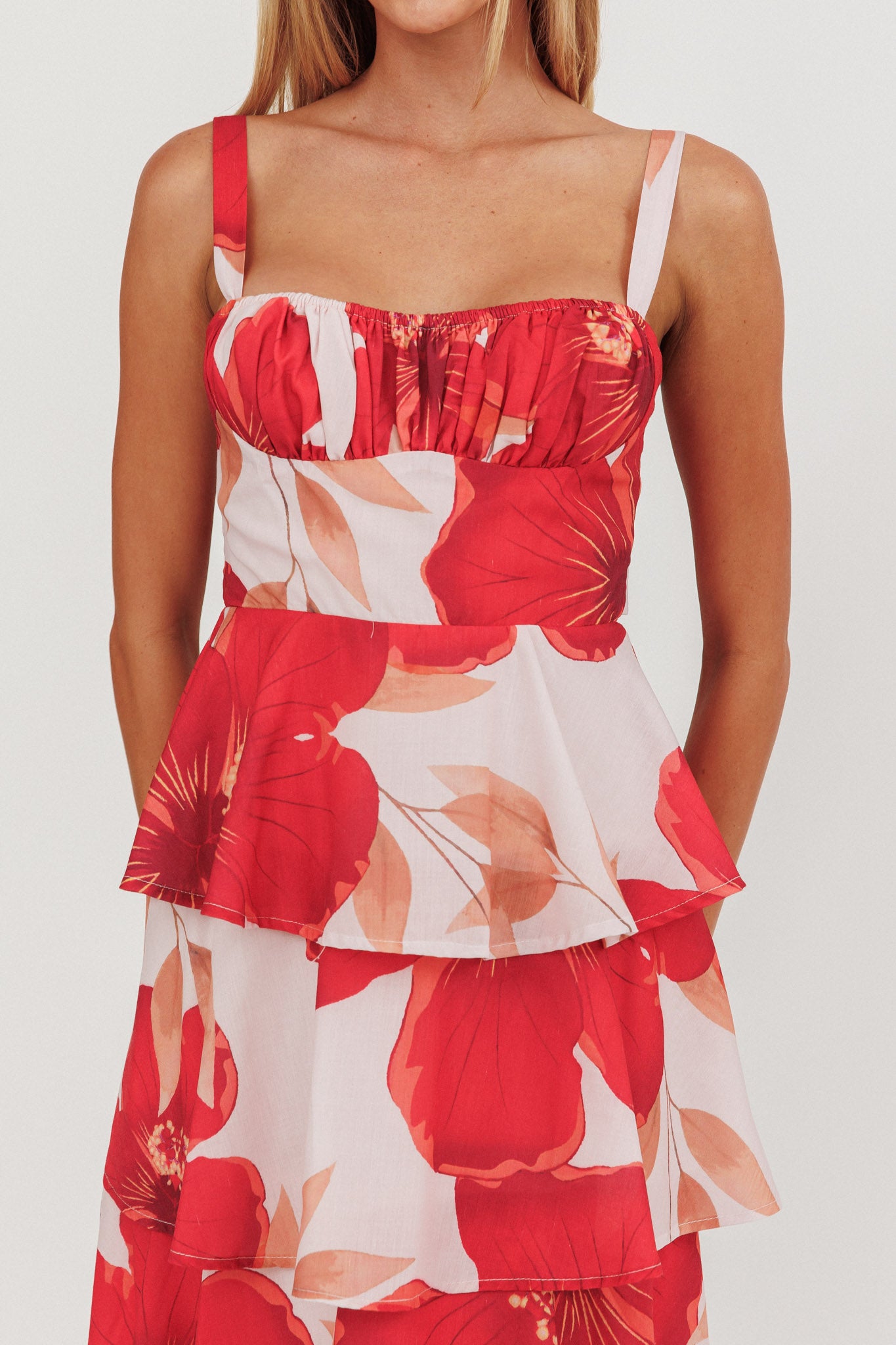 Provence Bloom Tiered Ruffle Floral Maxi Dress Blush by Selfie Leslie Australia