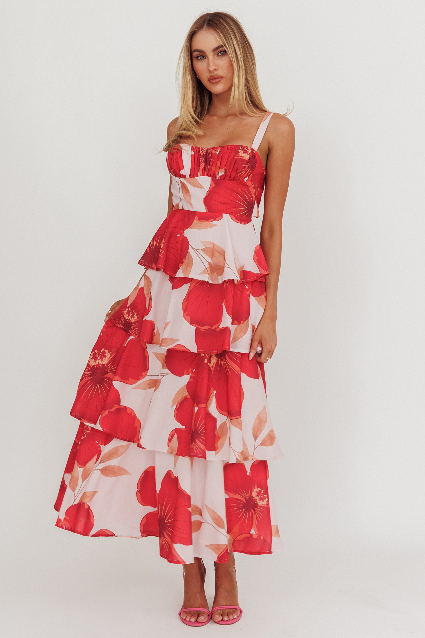 Provence Bloom Tiered Ruffle Floral Maxi Dress Blush by Selfie Leslie Australia