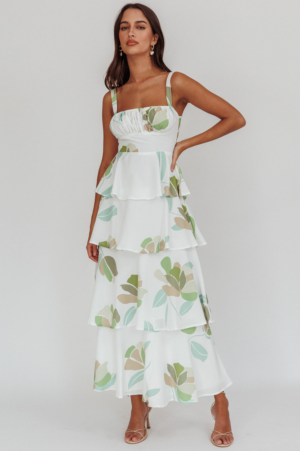 Provence Bloom Tiered Floral Maxi Dress Green by Selfie Leslie Australia