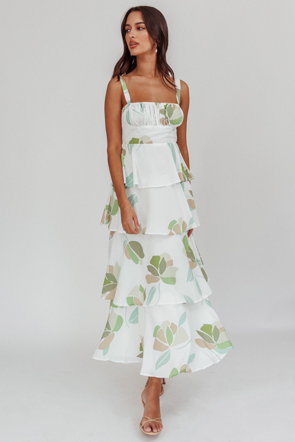 Provence Bloom Tiered Floral Maxi Dress Green by Selfie Leslie Australia