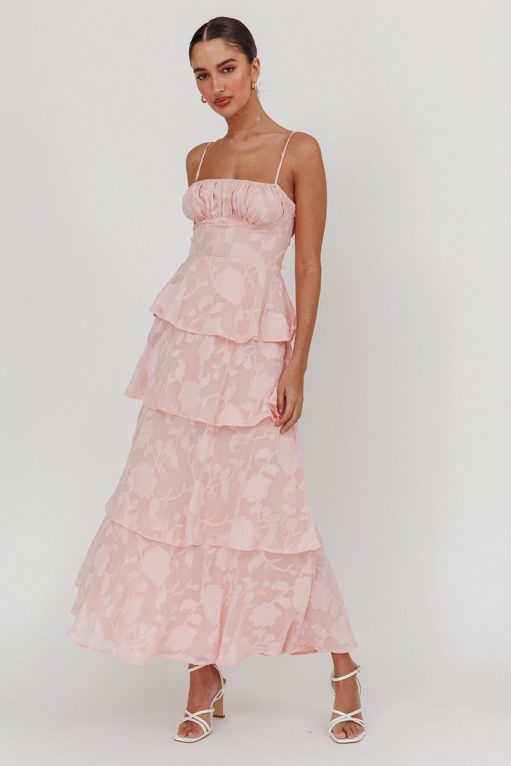 Provence Bloom Tiered Maxi Dress Jacquard Pink by Selfie Leslie Australia