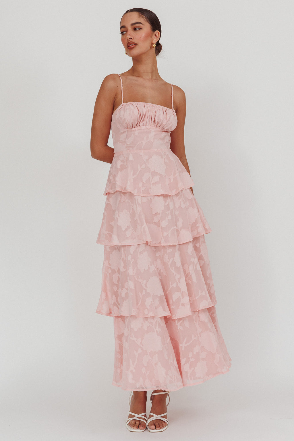 Provence Bloom Tiered Maxi Dress Jacquard Pink by Selfie Leslie Australia