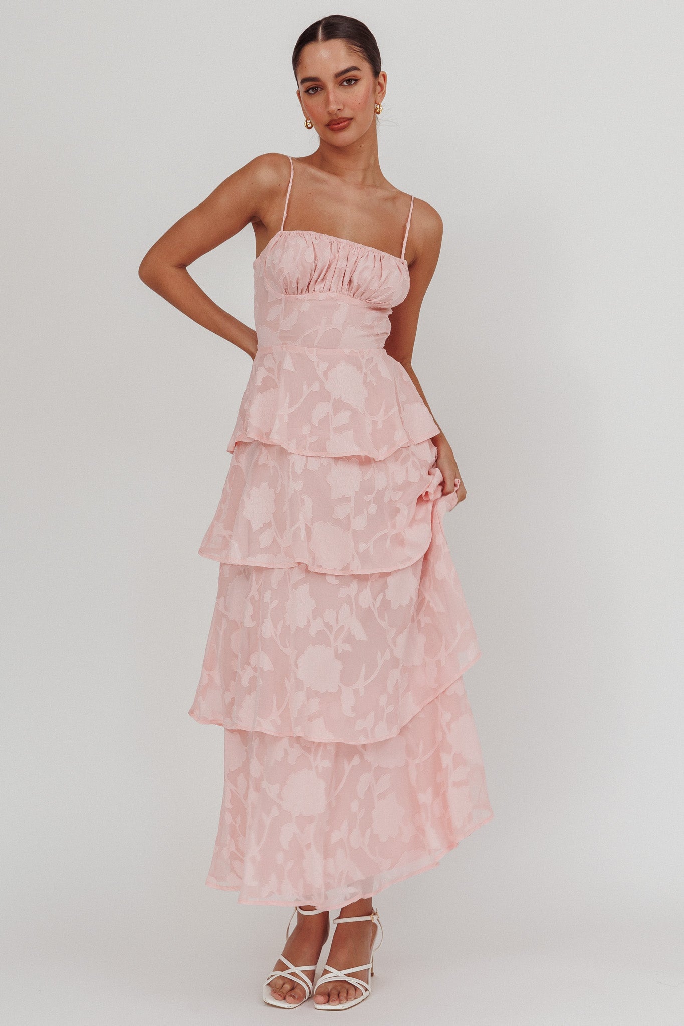 Provence Bloom Tiered Maxi Dress Jacquard Pink by Selfie Leslie Australia