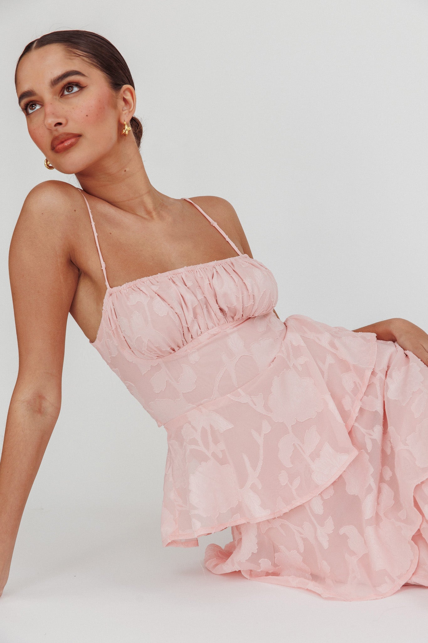 Provence Bloom Tiered Maxi Dress Jacquard Pink by Selfie Leslie Australia
