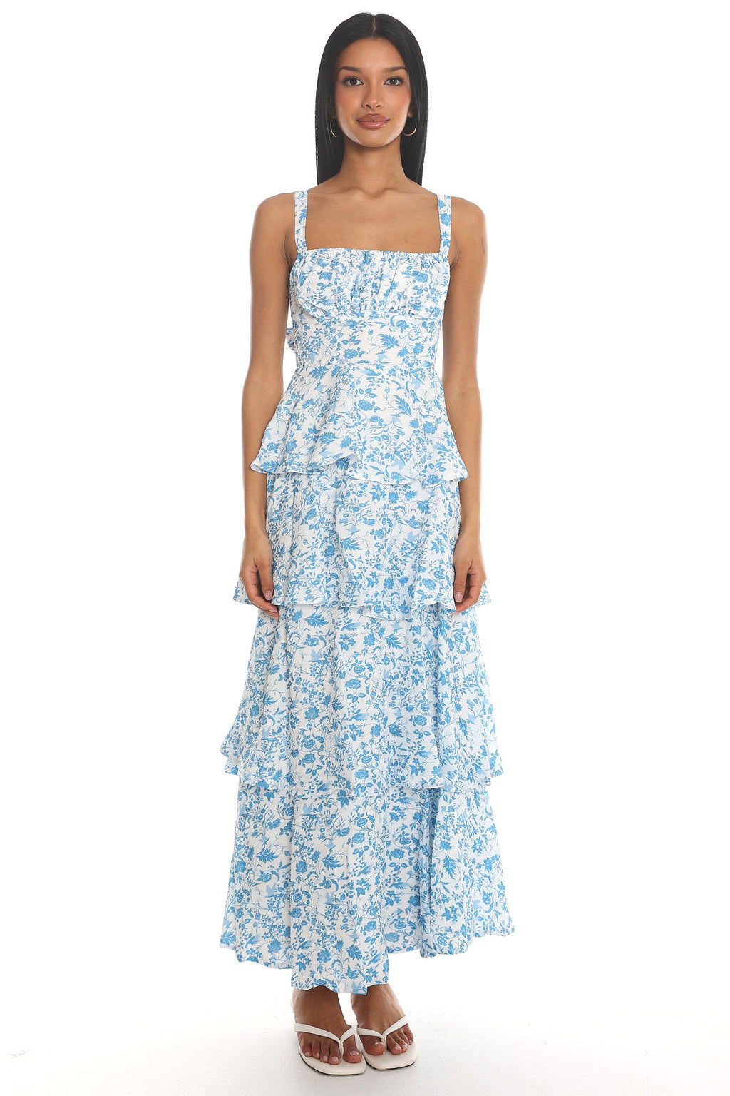 Provence Bloom Tiered Midi Dress Floral Blue by Selfie Leslie Australia