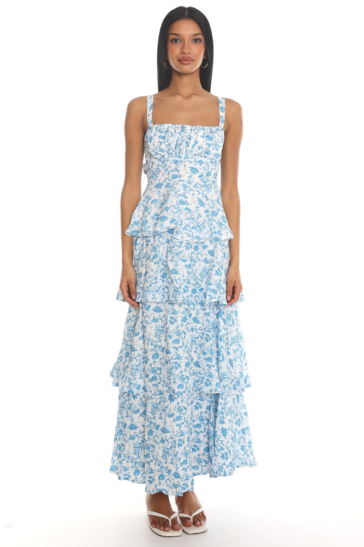 Provence Bloom Tiered Midi Dress Floral Blue by Selfie Leslie Australia