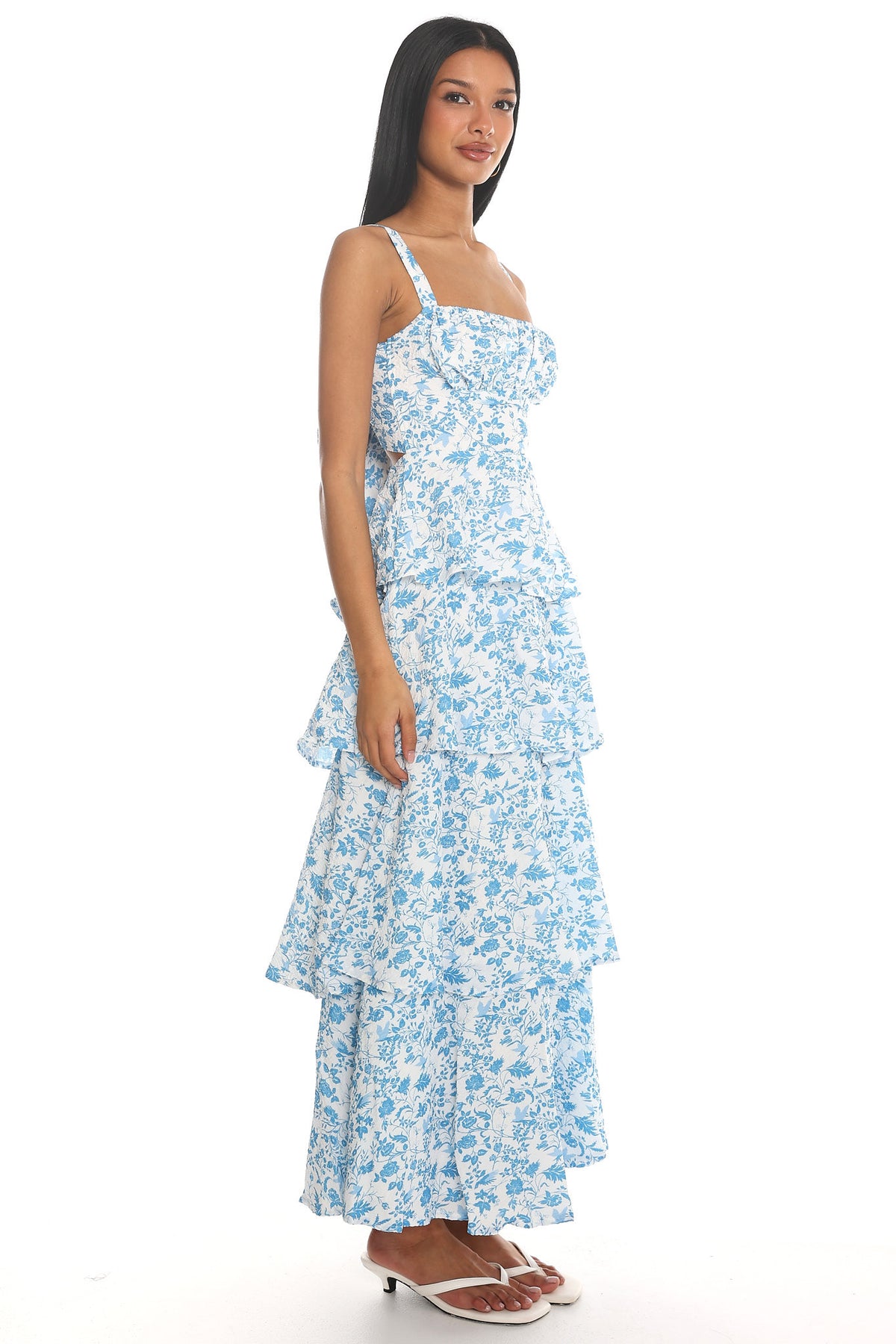 Provence Bloom Tiered Midi Dress Floral Blue by Selfie Leslie Australia