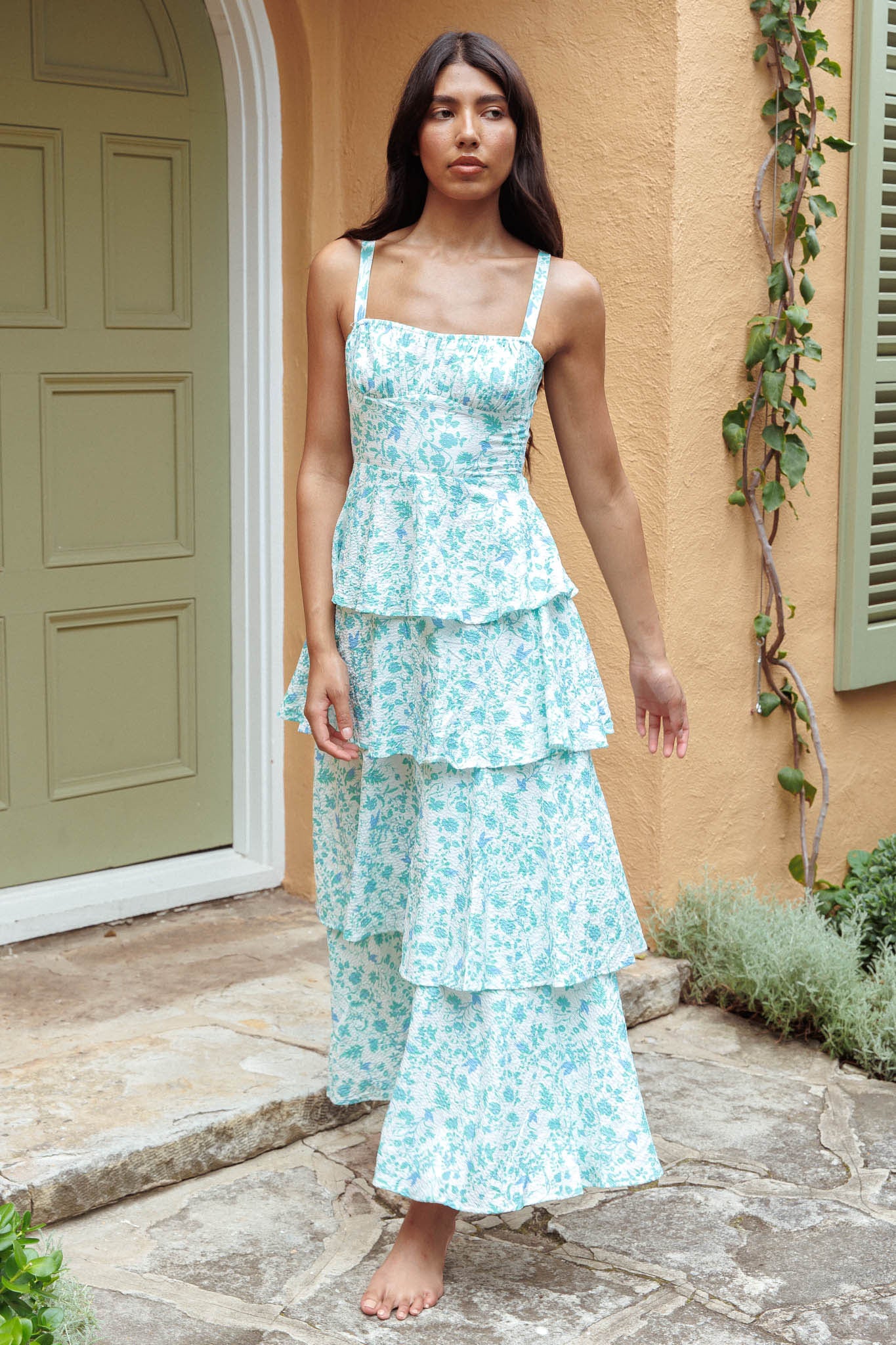 Provence Bloom Tiered Midi Dress Floral Green by Selfie Leslie Australia
