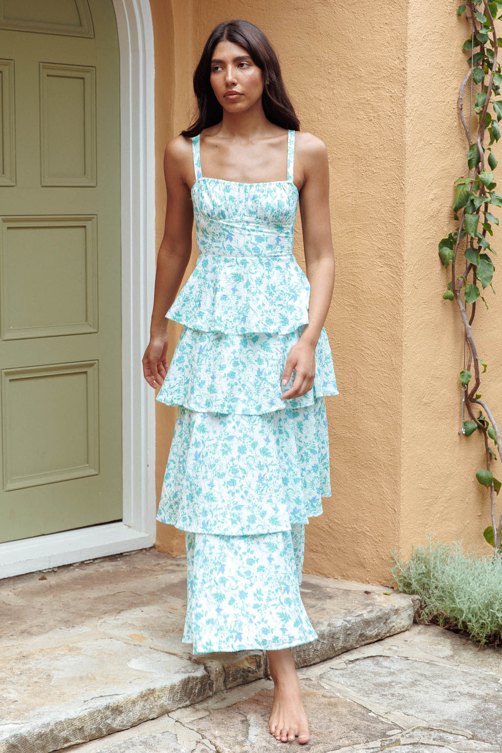 Provence Bloom Tiered Midi Dress Floral Green by Selfie Leslie Australia