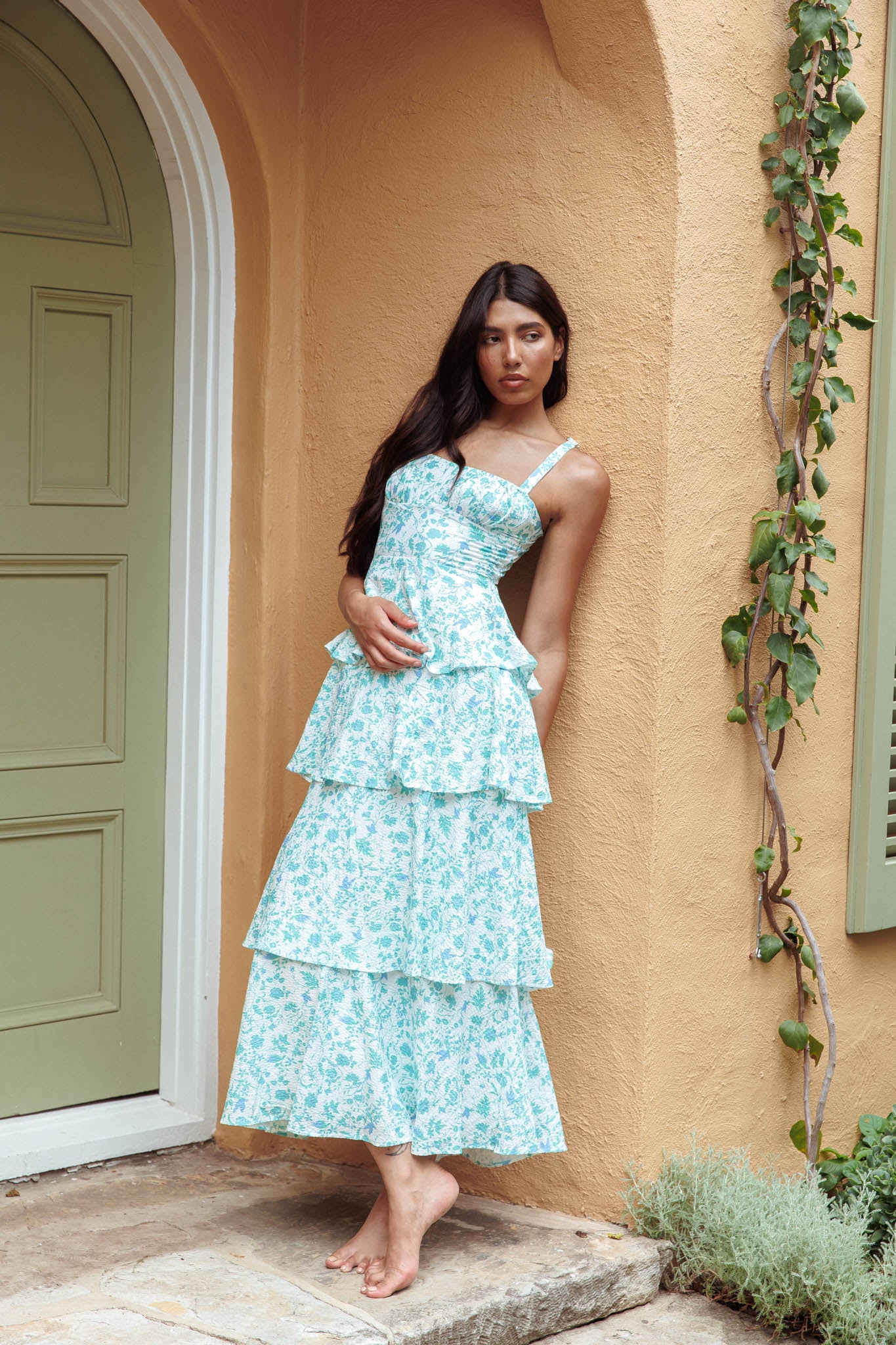 Shop the Provence Bloom Tiered Midi Dress Floral Green