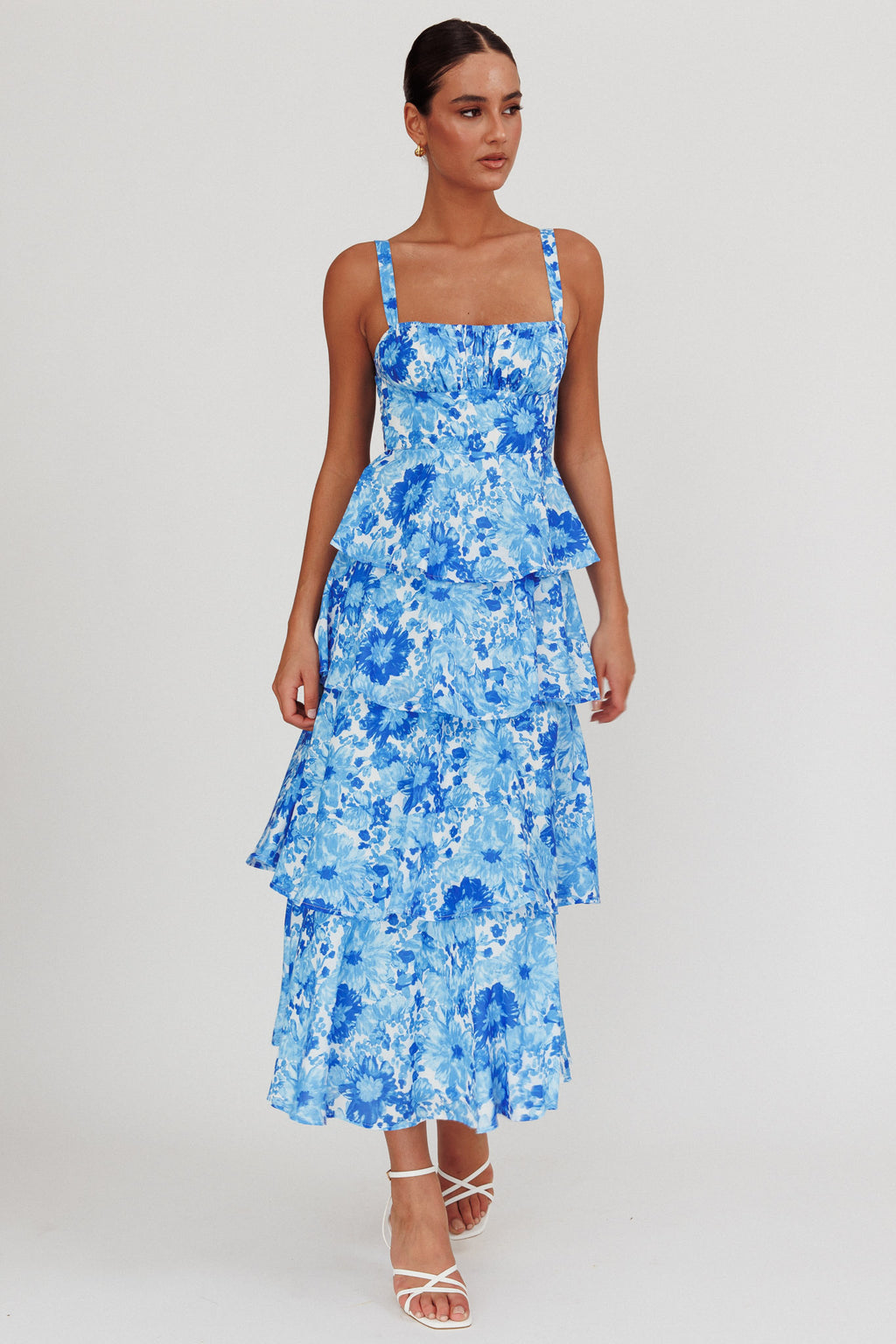 Provence Bloom Tiered Floral Maxi Dress Blue by Selfie Leslie Australia