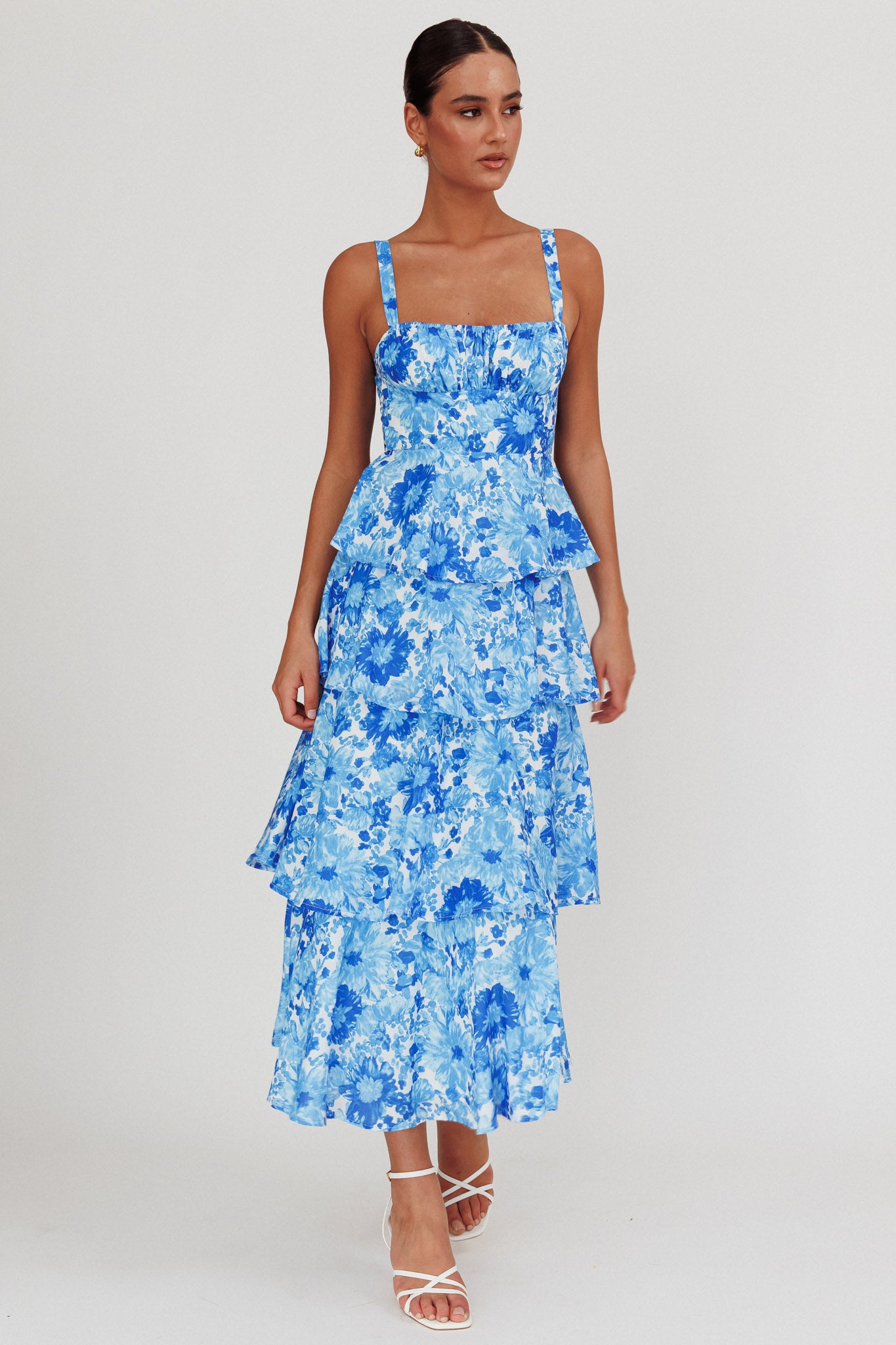 Provence Bloom Tiered Floral Maxi Dress Blue by Selfie Leslie Australia