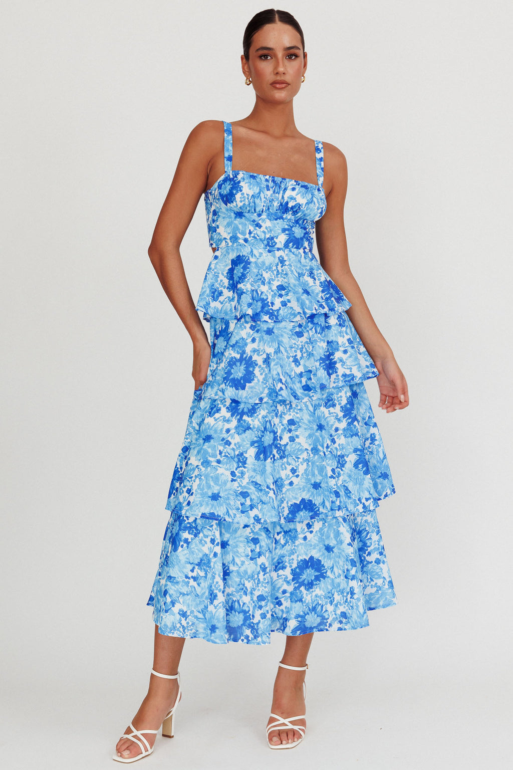 Provence Bloom Tiered Floral Maxi Dress Blue by Selfie Leslie Australia