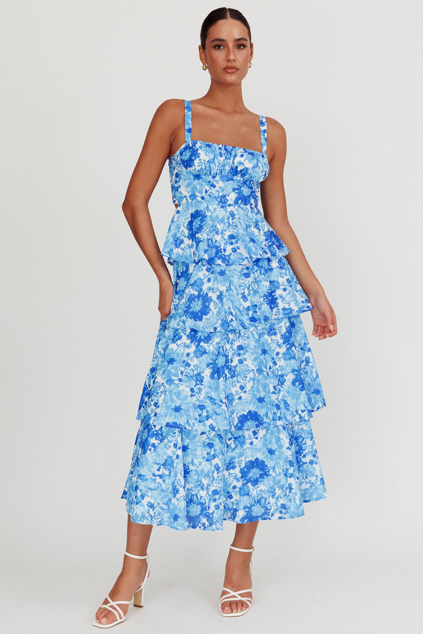 Provence Bloom Tiered Floral Maxi Dress Blue by Selfie Leslie Australia