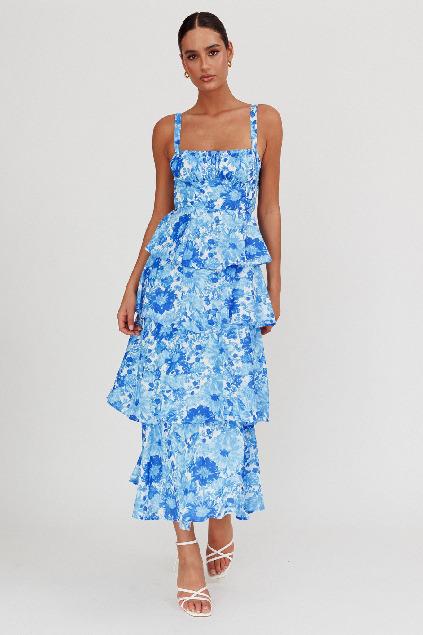 Provence Bloom Tiered Floral Maxi Dress Blue by Selfie Leslie Australia