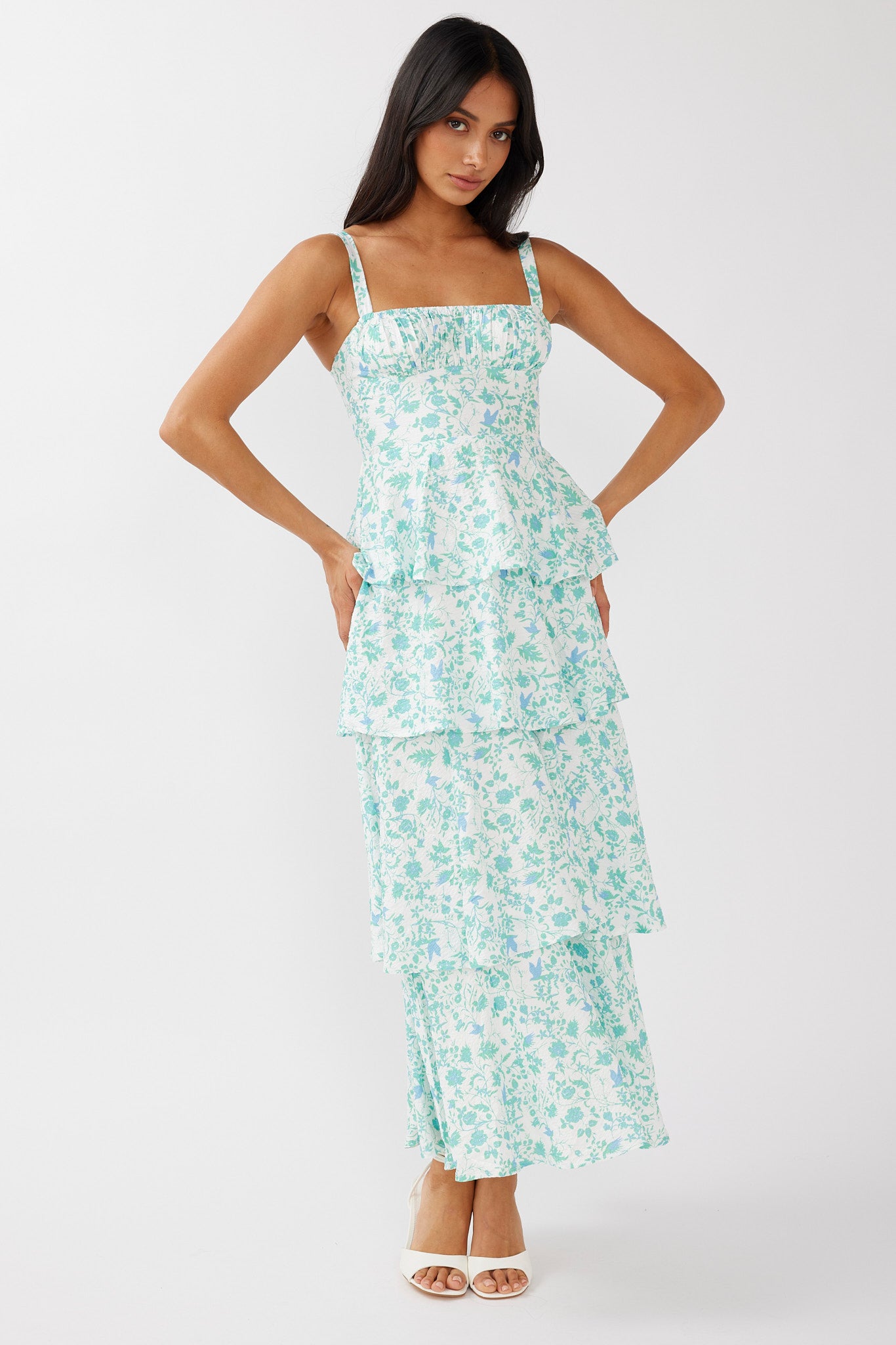 Provence Bloom Tiered Midi Dress Floral Green by Selfie Leslie Australia