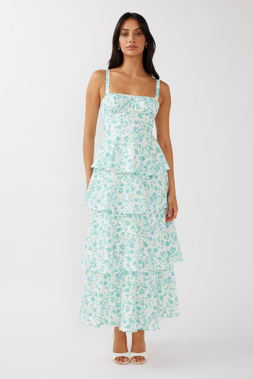 Provence Bloom Tiered Midi Dress Floral Green by Selfie Leslie Australia