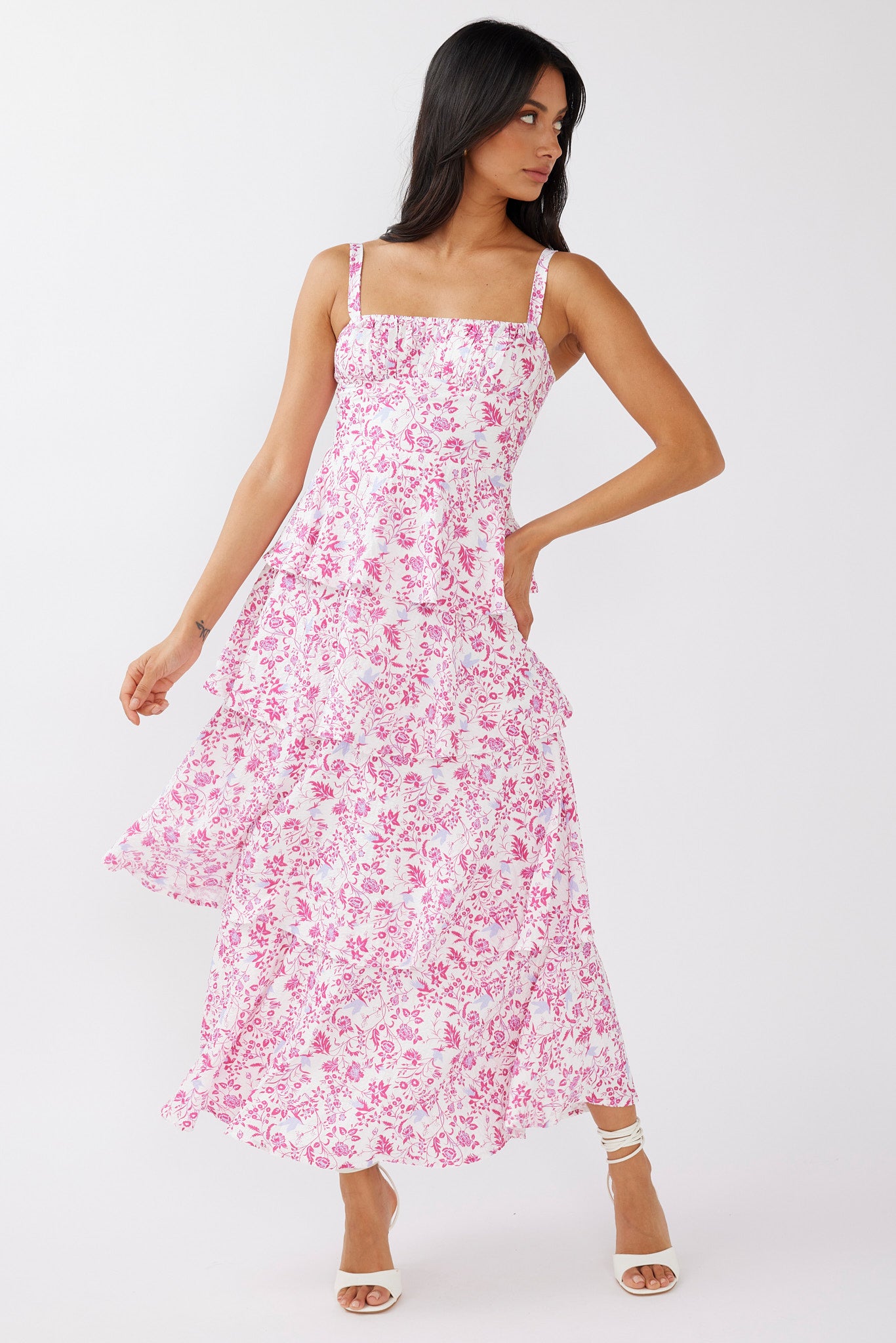 Provence Bloom Tiered Midi Dress Floral Pink by Selfie Leslie Australia