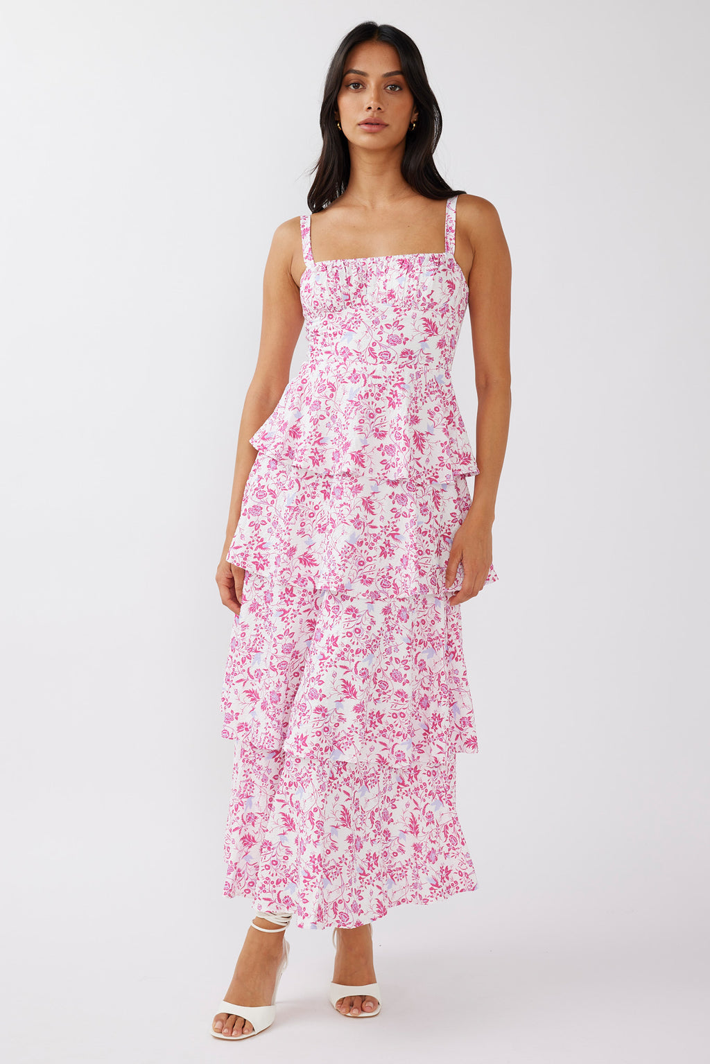 Provence Bloom Tiered Midi Dress Floral Pink by Selfie Leslie Australia