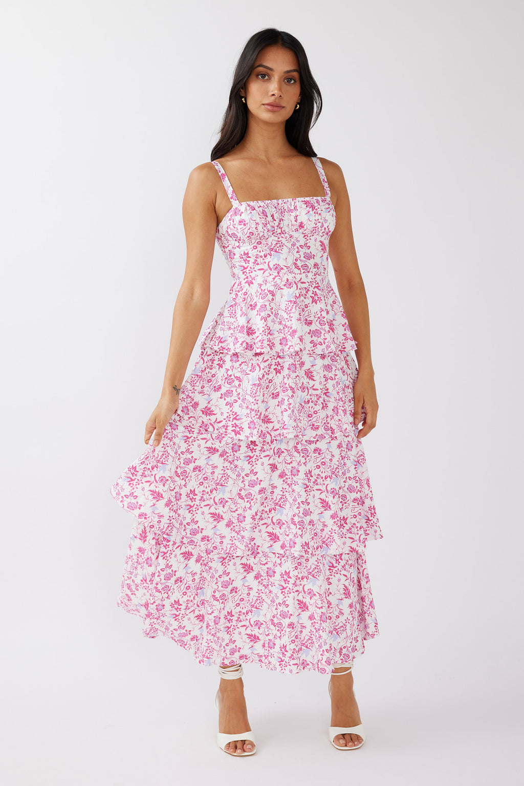 Provence Bloom Tiered Midi Dress Floral Pink by Selfie Leslie Australia