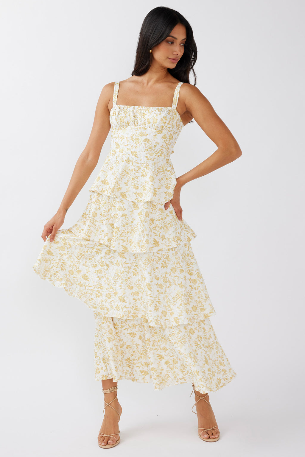 Provence Bloom Tiered Midi Dress Floral Yellow by Selfie Leslie Australia