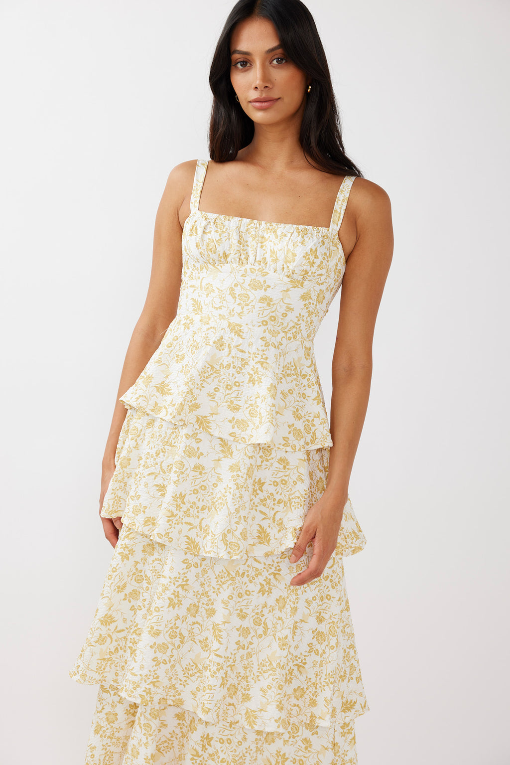 Provence Bloom Tiered Midi Dress Floral Yellow by Selfie Leslie Australia