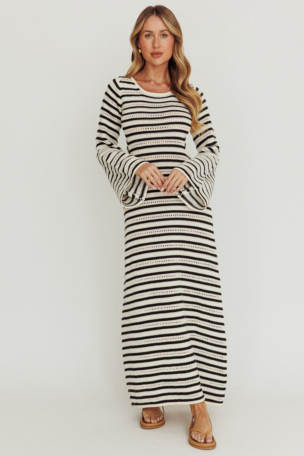 Meredith Long Sleeve Cut-Out Maxi Dress Cream Black by Selfie Leslie Australia