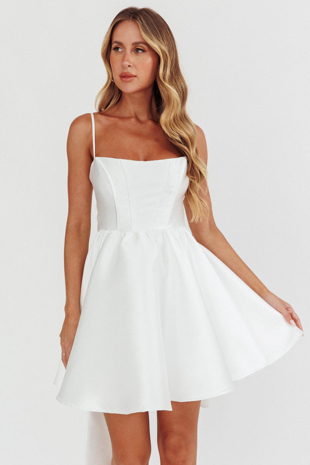 Athens Flared Bow Mini Dress White by Selfie Leslie Australia