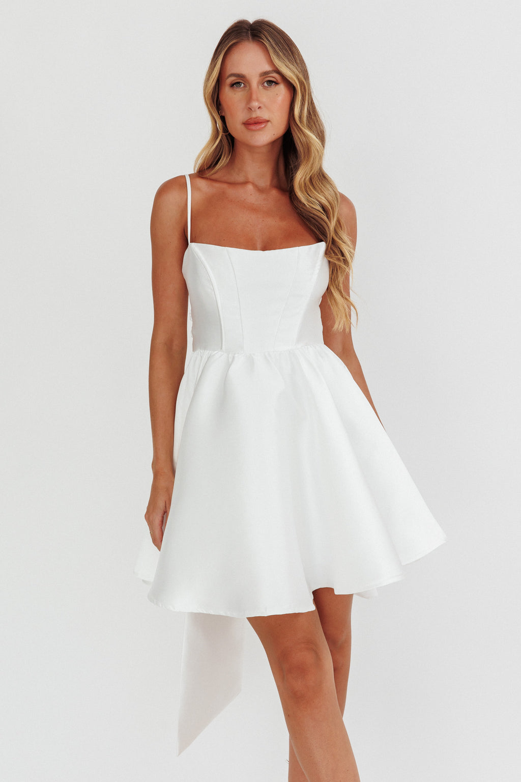 Athens Flared Bow Mini Dress White by Selfie Leslie Australia