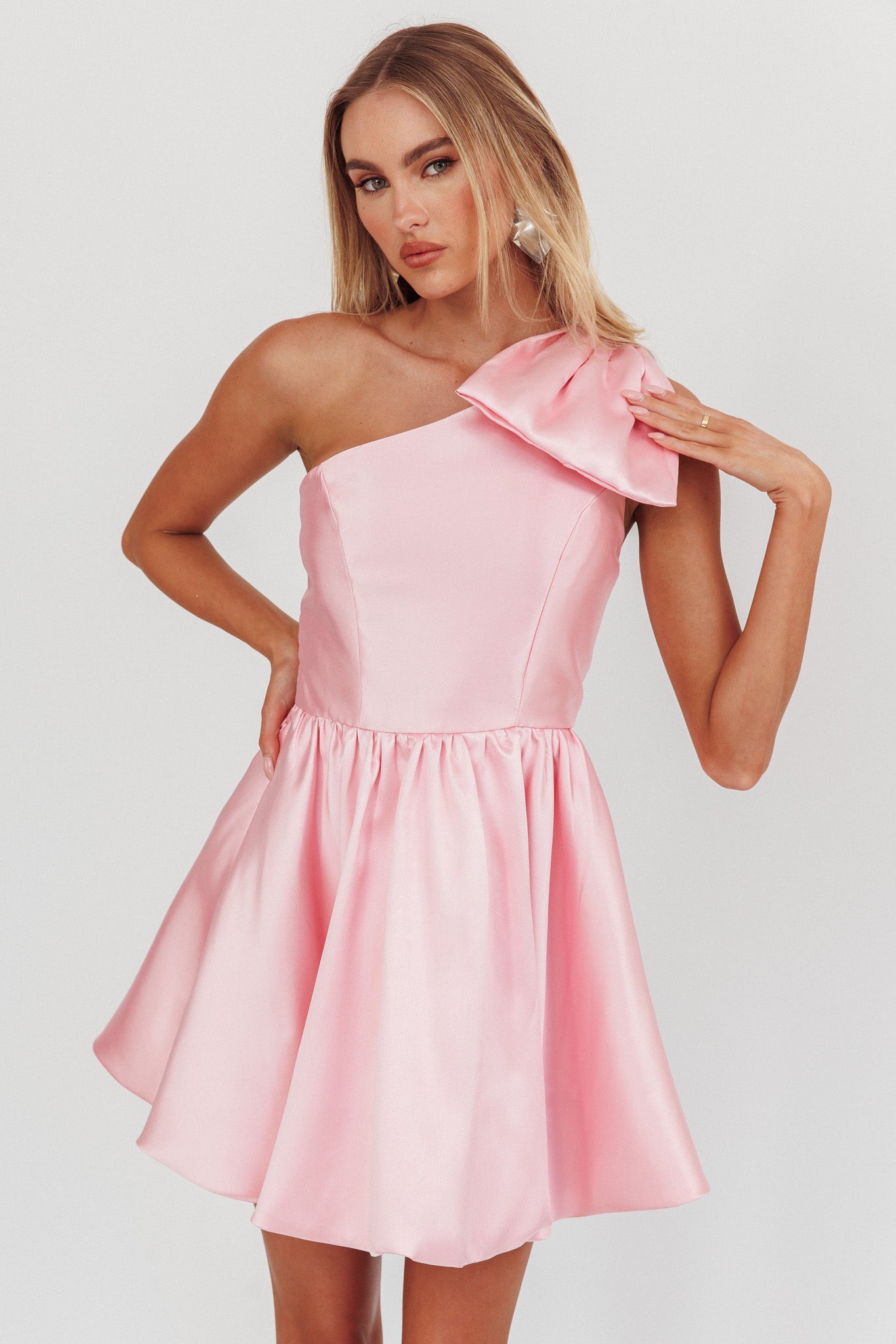 Athens Shoulder Bow Bubble Hem Mini Dress Blush by Selfie Leslie Australia