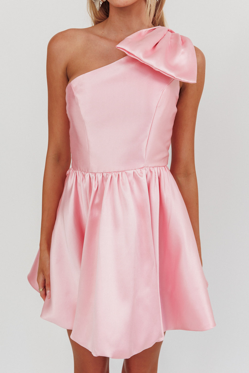 Athens Shoulder Bow Bubble Hem Mini Dress Blush by Selfie Leslie Australia