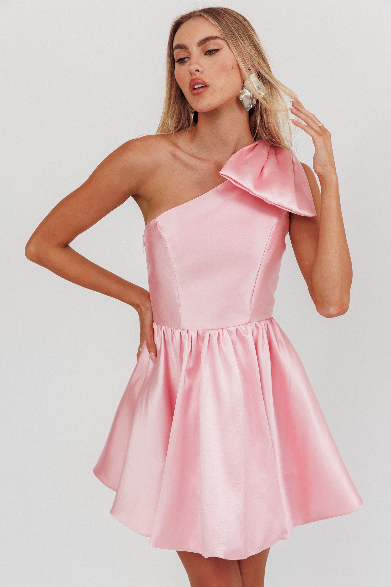 Athens Shoulder Bow Bubble Hem Mini Dress Blush by Selfie Leslie Australia