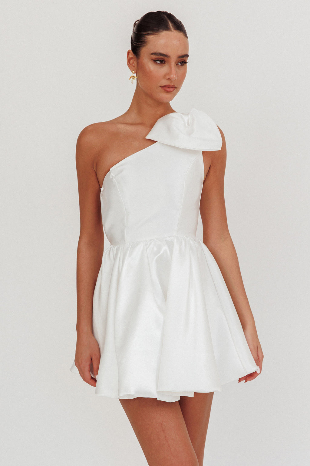 Athens Shoulder Bow Bubble Hem Mini Dress Off White by Selfie Leslie Australia