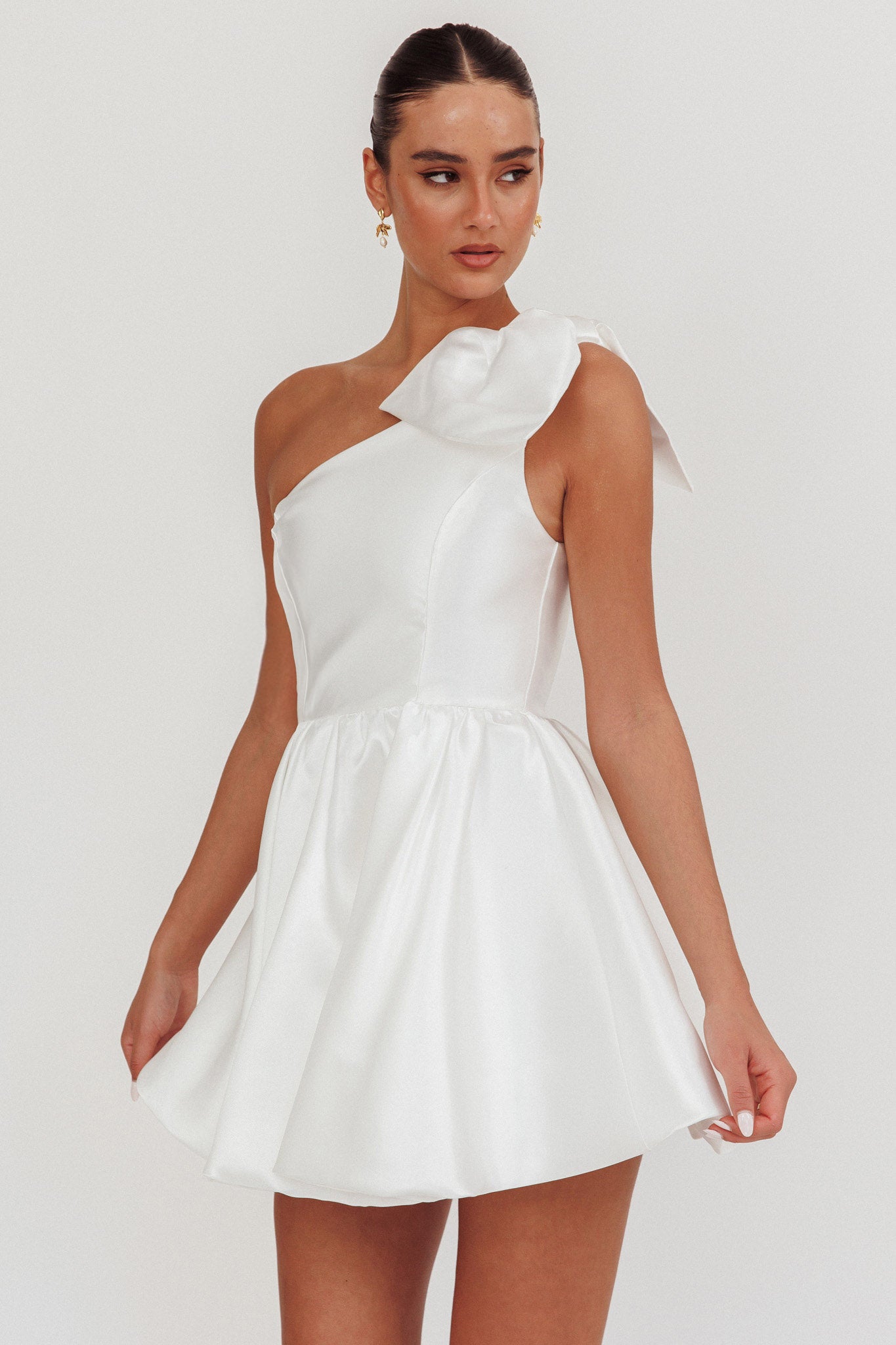 Athens Shoulder Bow Bubble Hem Mini Dress Off White by Selfie Leslie Australia