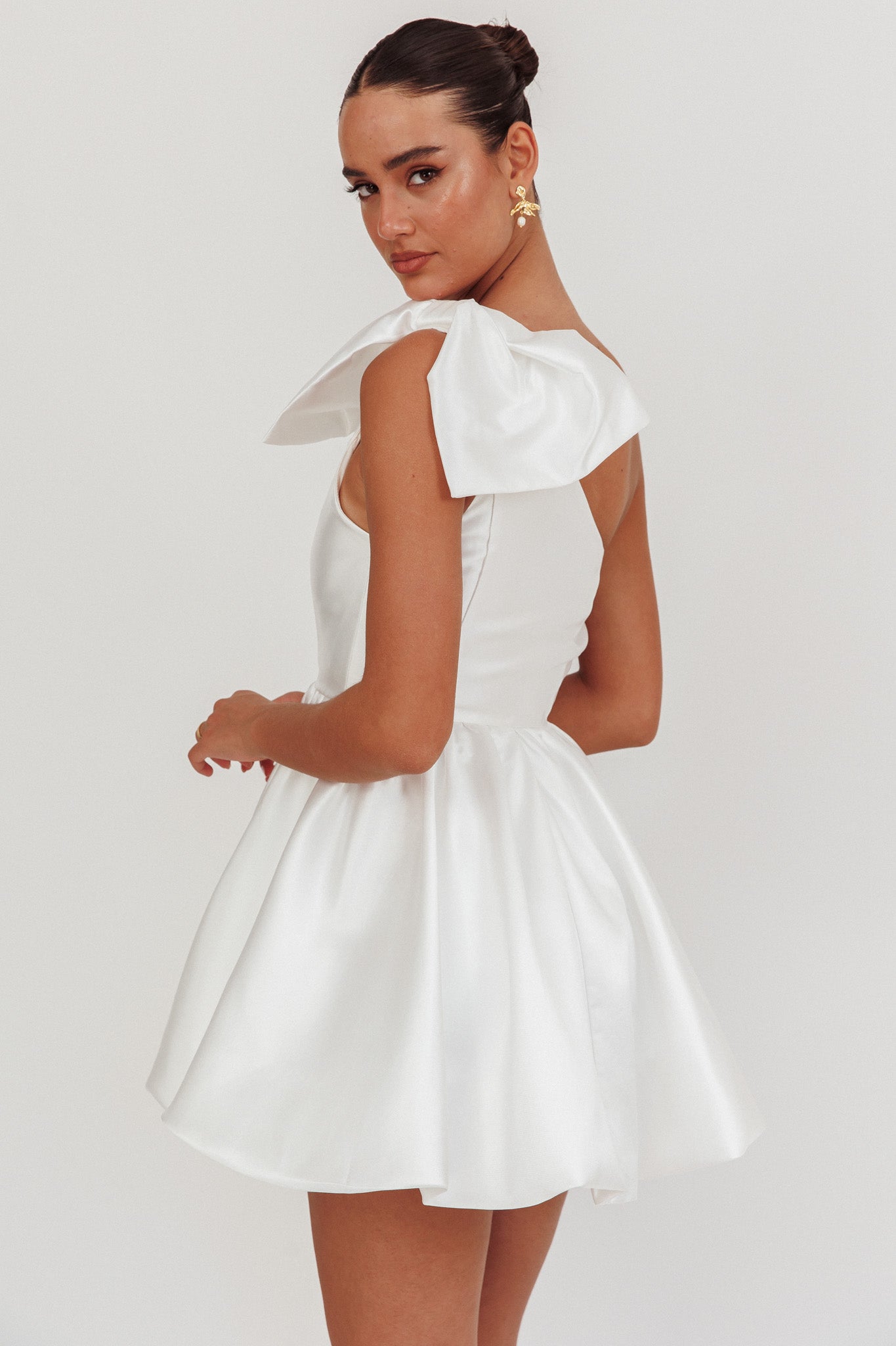 Athens Shoulder Bow Bubble Hem Mini Dress Off White by Selfie Leslie Australia
