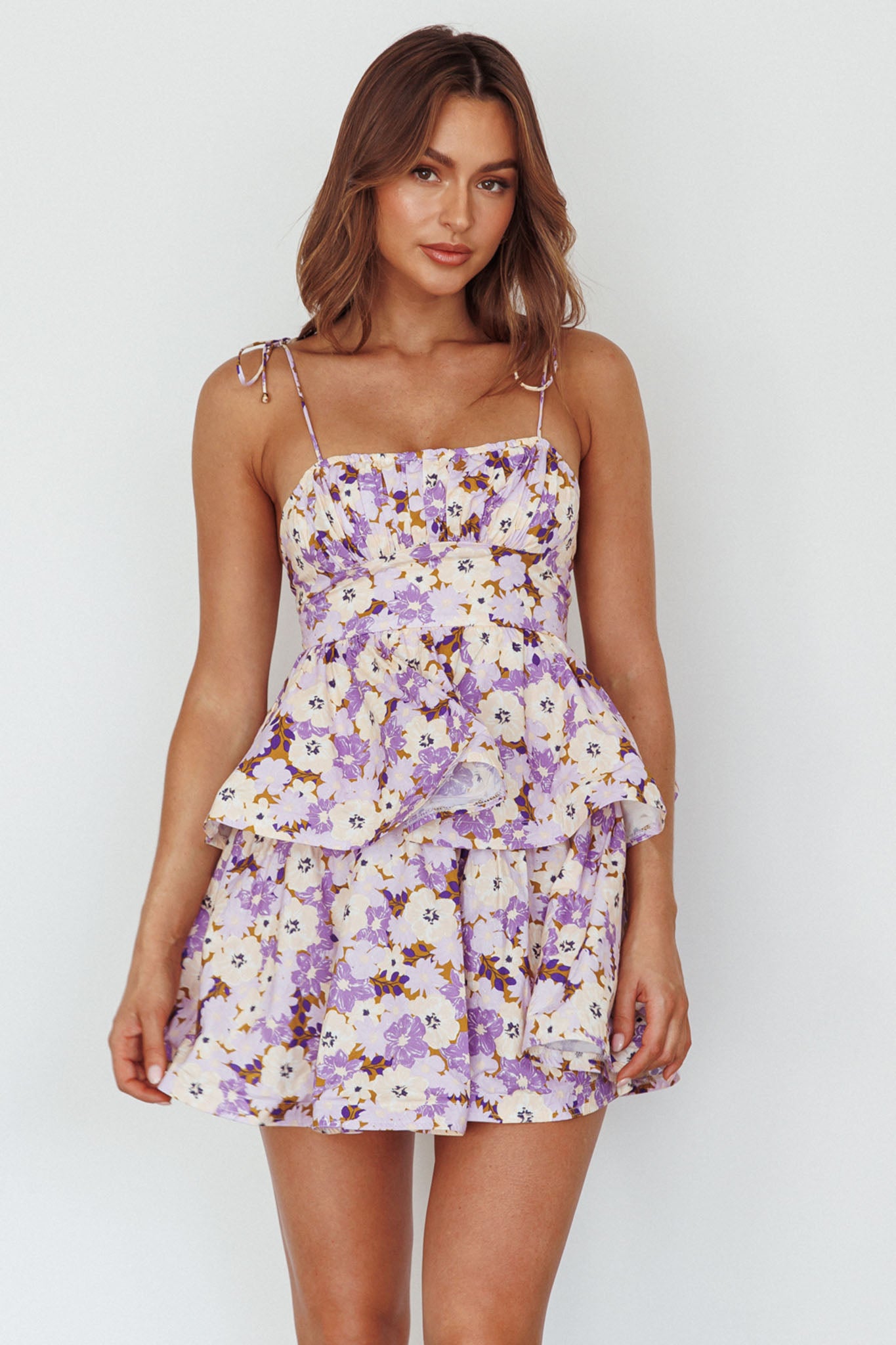 Dodi Tied Shoulder Layered Mini Dress Floral Purple by Selfie Leslie Australia