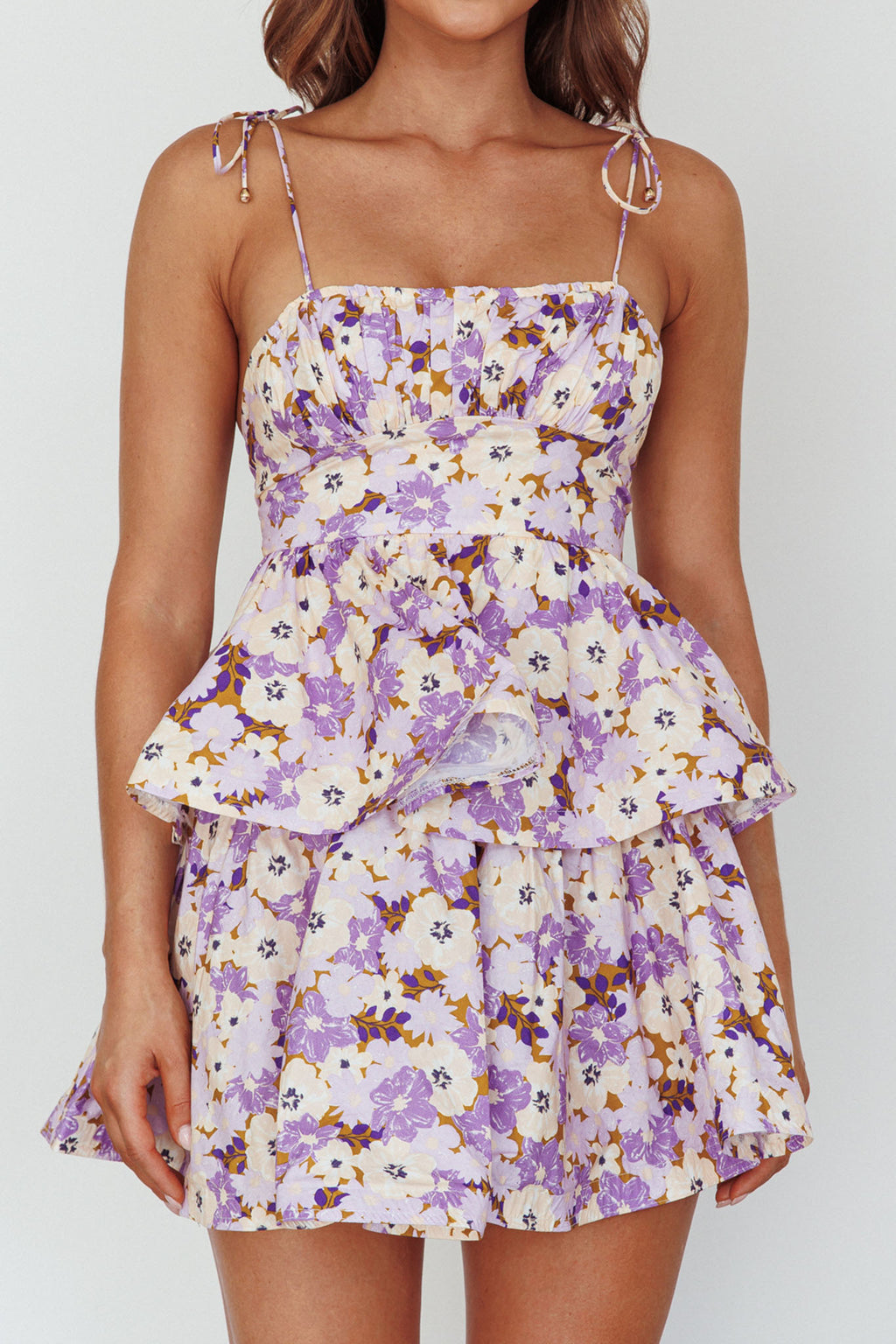 Dodi Tied Shoulder Layered Mini Dress Floral Purple by Selfie Leslie Australia