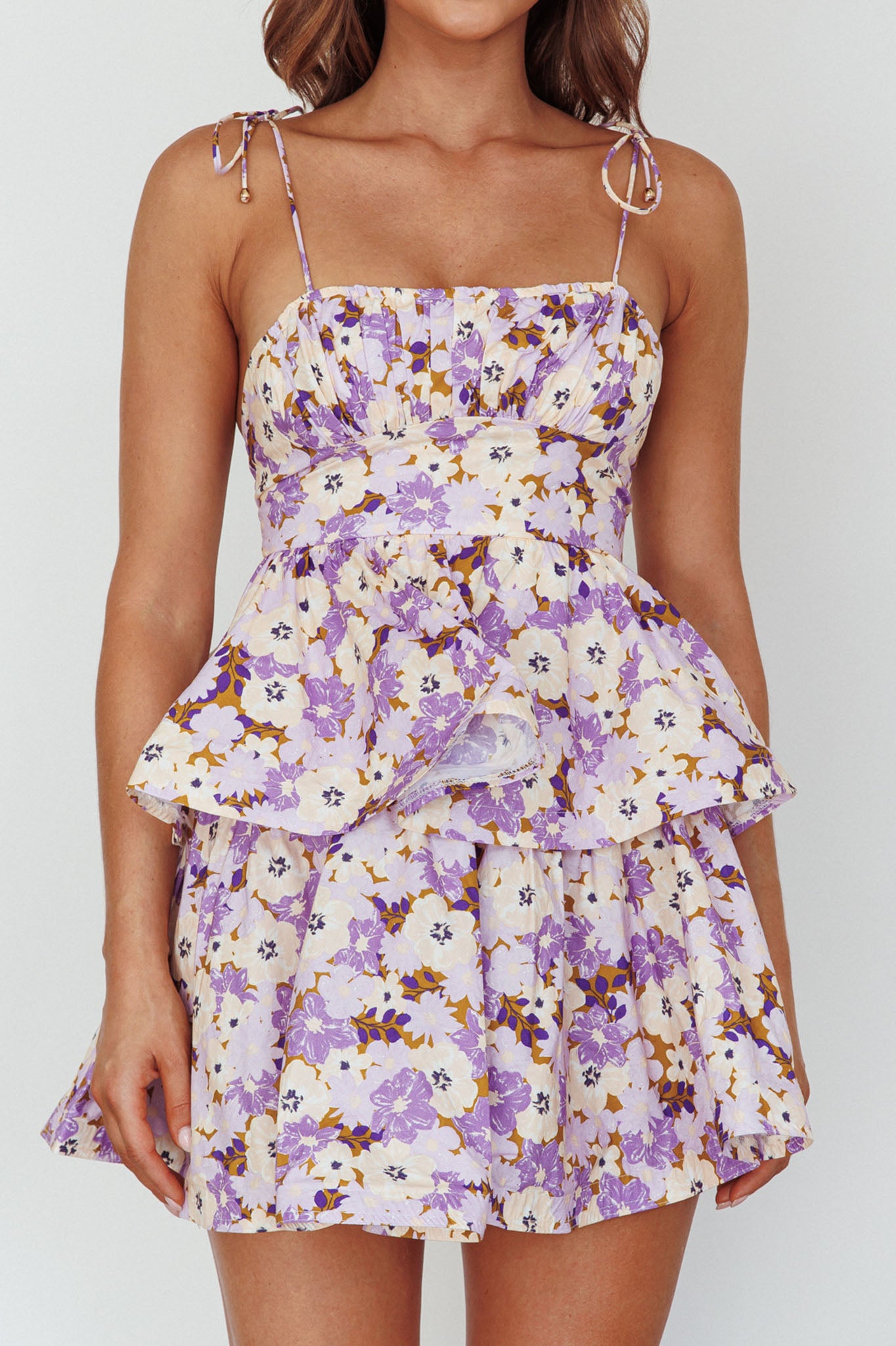 Dodi Tied Shoulder Layered Mini Dress Floral Purple by Selfie Leslie Australia