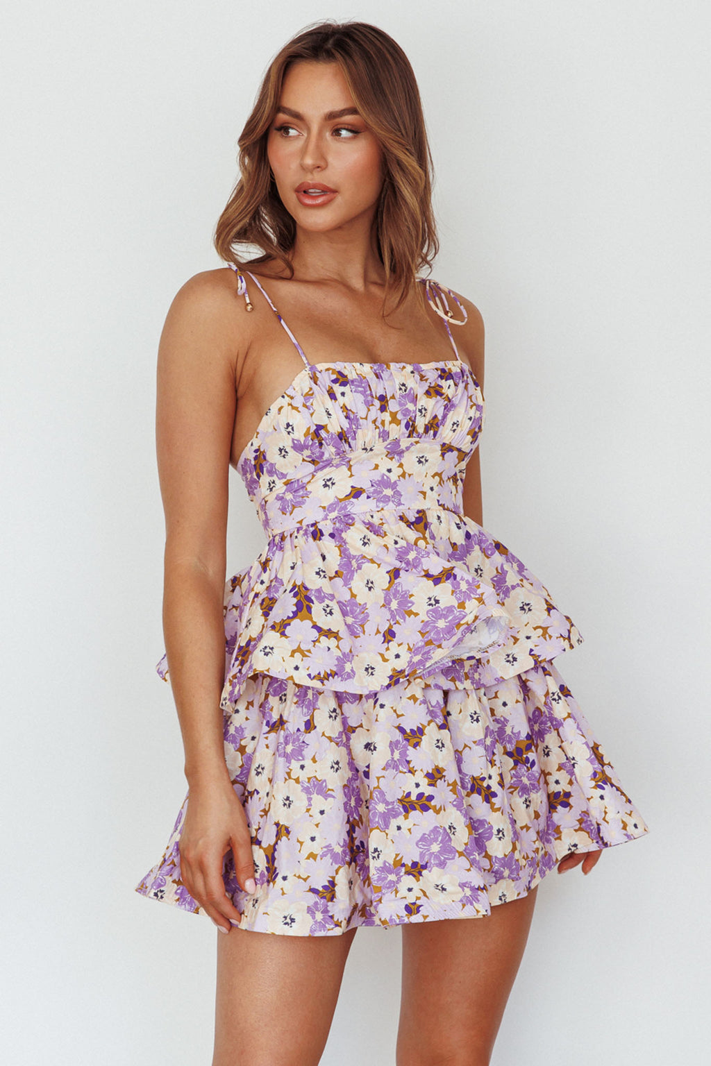 Dodi Tied Shoulder Layered Mini Dress Floral Purple by Selfie Leslie Australia