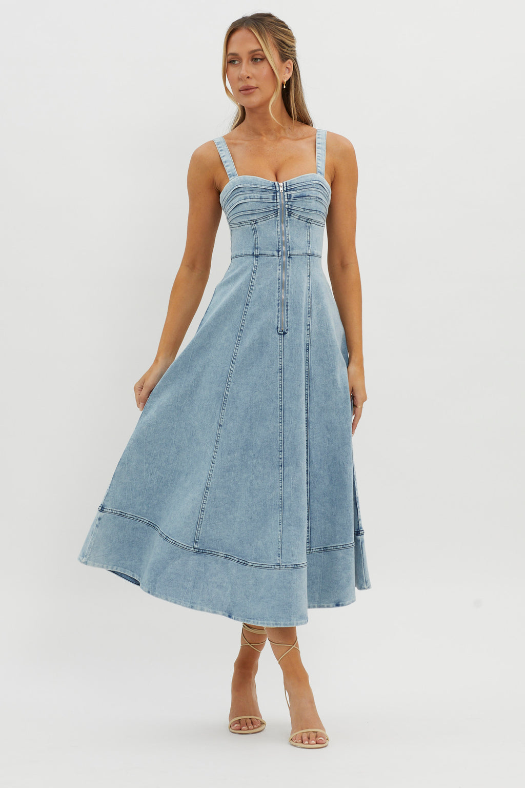 Emilio Pleated Bust A-Line Midi Dress Denim Blue by Selfie Leslie Australia