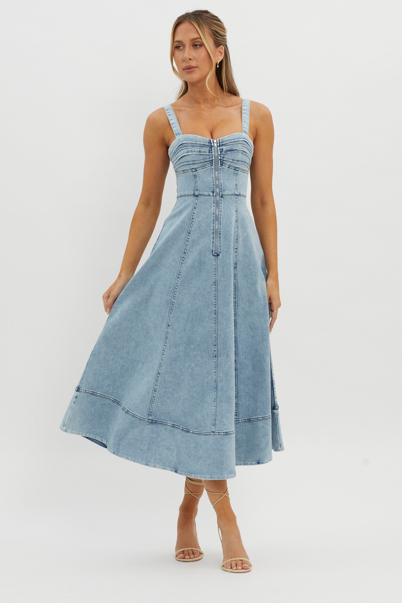 Emilio Pleated Bust A-Line Midi Dress Denim Blue by Selfie Leslie Australia