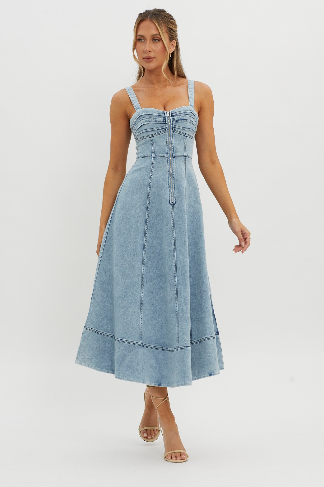 Emilio Pleated Bust A-Line Midi Dress Denim Blue by Selfie Leslie Australia