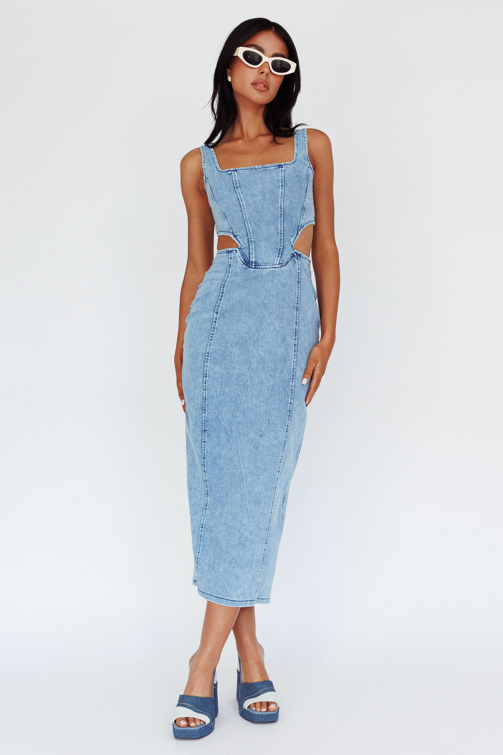 Kainani Cut-Out Waist Midi Dress Denim Blue by Selfie Leslie Australia