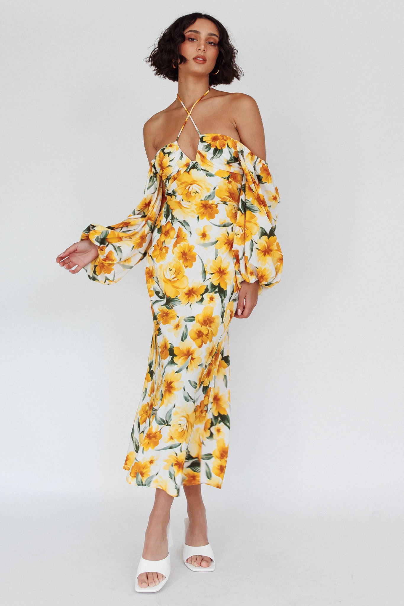 Nyree Long Sleeve Midi Dress Flowers Yellow by Selfie Leslie Australia