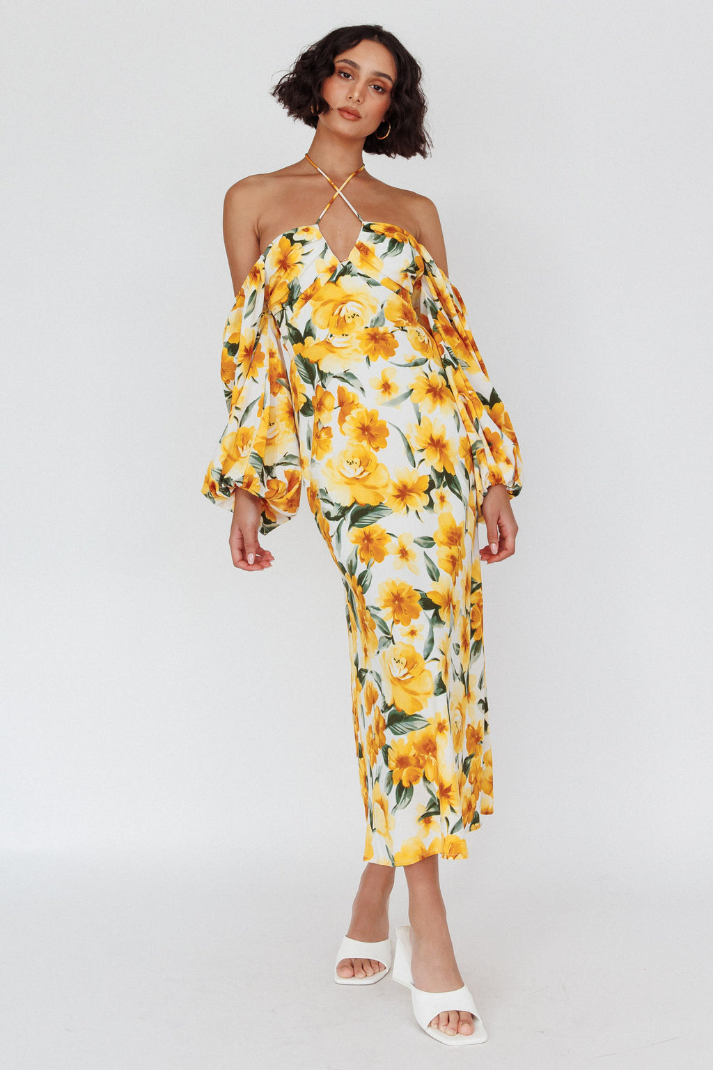 Nyree Long Sleeve Midi Dress Flowers Yellow by Selfie Leslie Australia
